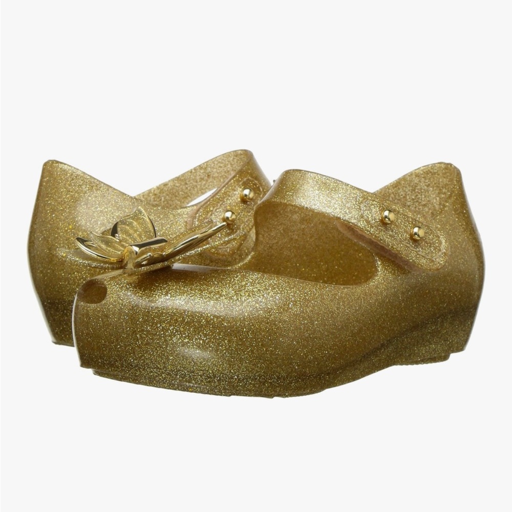 Gold Glitter Mini Melissa Shoes with Butterfly Accent